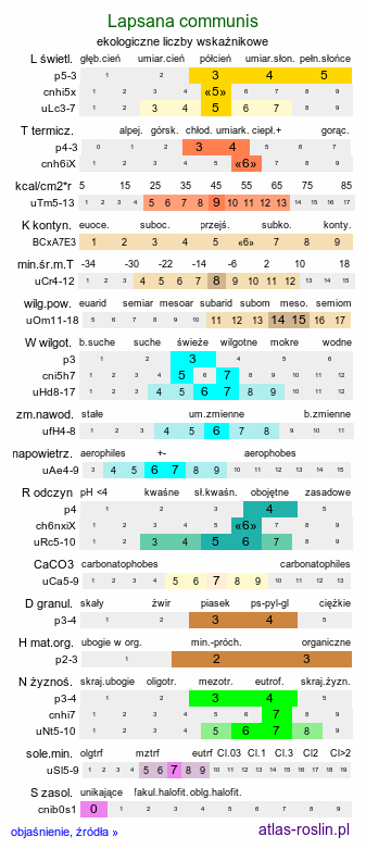 ekologiczne liczby wskaźnikowe Lapsana communis (łoczyga pospolita)