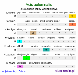 ekologiczne liczby wskaźnikowe Acis autumnalis (śnieżyca jesienna)