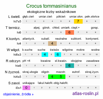 ekologiczne liczby wskaźnikowe Crocus tommasinianus (krokus Tomassiniego)