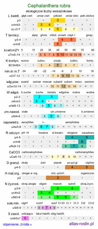 ekologiczne liczby wskaźnikowe Cephalanthera rubra (buławnik czerwony)