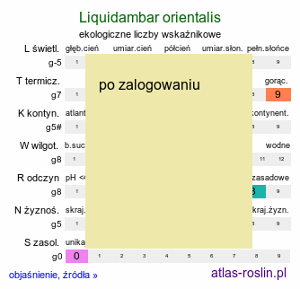 ekologiczne liczby wskaÅºnikowe Liquidambar orientalis (ambrowiec wschodni)