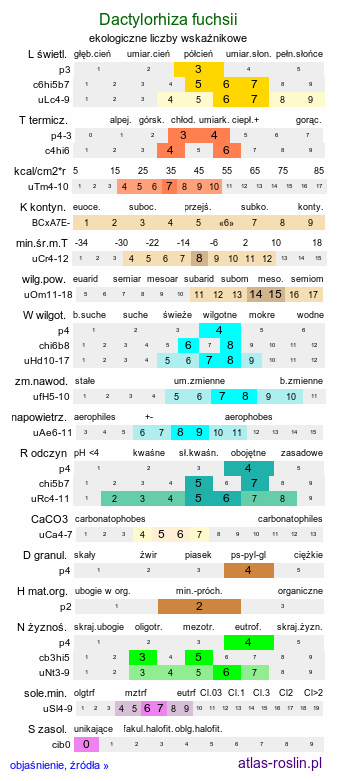 ekologiczne liczby wskaźnikowe Dactylorhiza fuchsii (kukułka Fuchsa)