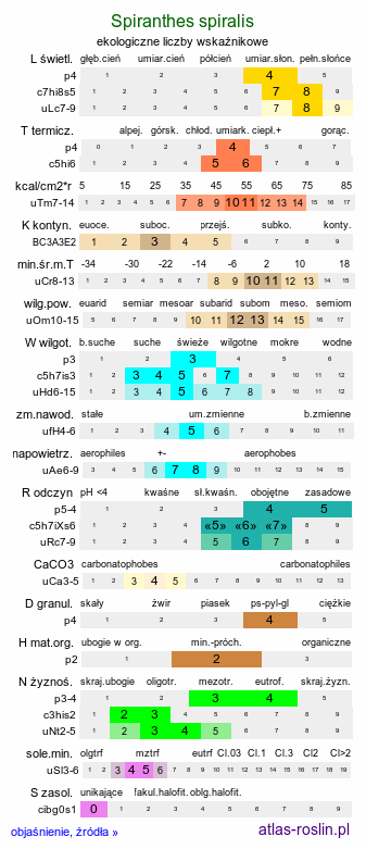 ekologiczne liczby wskaźnikowe Spiranthes spiralis (kręczynka jesienna)