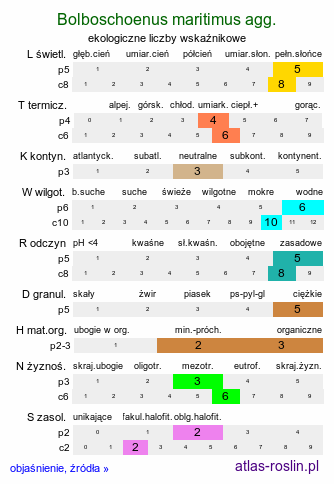 ekologiczne liczby wskaźnikowe Bolboschoenus maritimus agg. (sitowiec nadmorski (agg.))