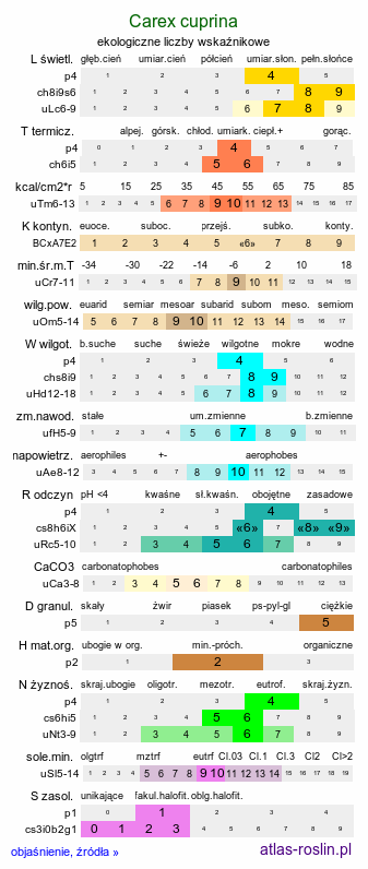 ekologiczne liczby wskaźnikowe Carex cuprina (turzyca nibylisia)