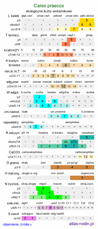 ekologiczne liczby wskaźnikowe Carex praecox (turzyca wczesna)