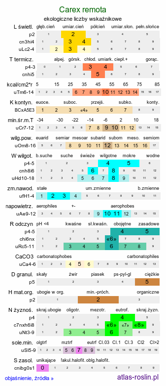 ekologiczne liczby wskaźnikowe Carex remota (turzyca rzadkokłosa)