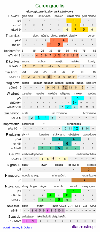 ekologiczne liczby wskaźnikowe Carex gracilis (turzyca zaostrzona)