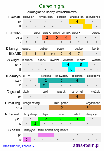 ekologiczne liczby wskaźnikowe Carex nigra (turzyca pospolita)