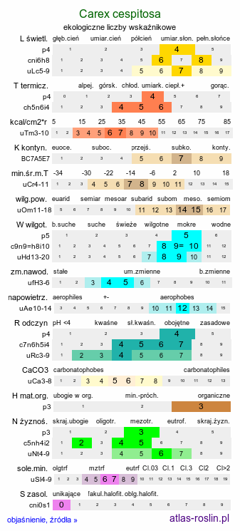 ekologiczne liczby wskaźnikowe Carex cespitosa (turzyca darniowa)