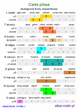 ekologiczne liczby wskaźnikowe Carex pilosa (turzyca orzęsiona)