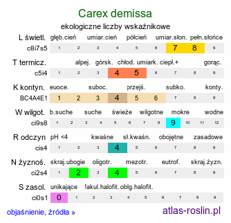 ekologiczne liczby wskaźnikowe Carex demissa (turzyca drobna)