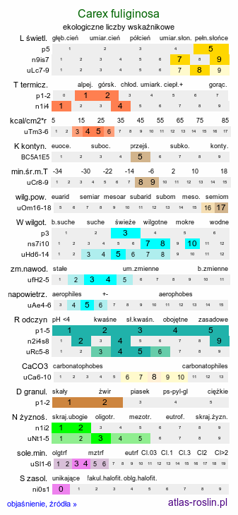 ekologiczne liczby wskaźnikowe Carex fuliginosa (turzyca przydymiona)