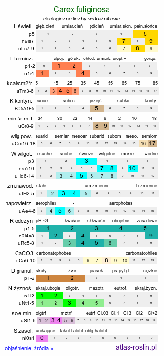 ekologiczne liczby wskaźnikowe Carex fuliginosa (turzyca przydymiona)