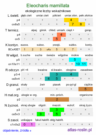 ekologiczne liczby wskaźnikowe Eleocharis mamillata (ponikło sutkowate)