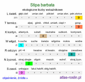 ekologiczne liczby wskaźnikowe Stipa barbata (ostnica bródkowa)