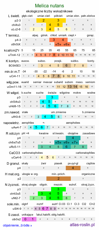 ekologiczne liczby wskaźnikowe Melica nutans (perłówka zwisła)