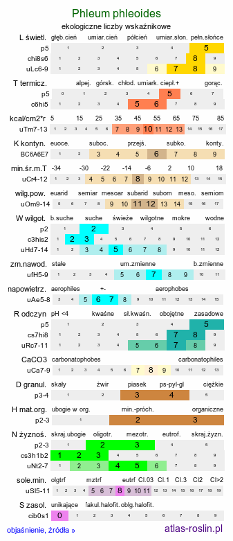 ekologiczne liczby wskaźnikowe Phleum phleoides (tymotka Boehmera)