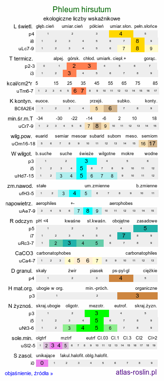 ekologiczne liczby wskaźnikowe Phleum hirsutum (tymotka Michela)