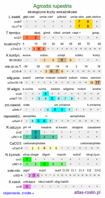 ekologiczne liczby wskaźnikowe Agrostis rupestris (mietlica skalna)