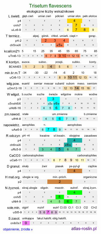 ekologiczne liczby wskaźnikowe Trisetum flavescens (konietlica łąkowa)