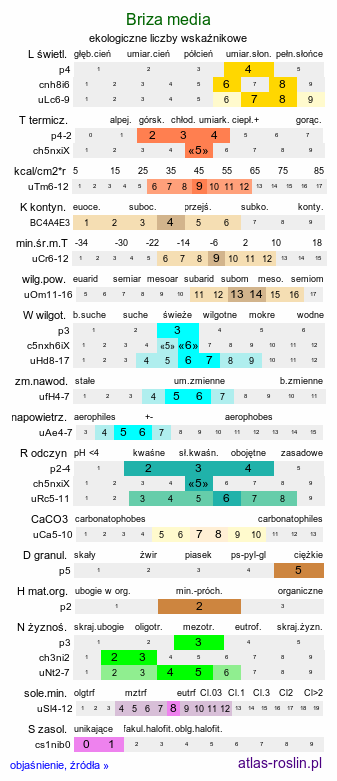 ekologiczne liczby wskaźnikowe Briza media (drżączka średnia)