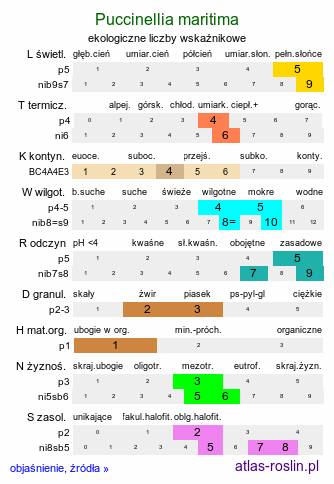 ekologiczne liczby wskaźnikowe Puccinellia maritima (mannica nadmorska)