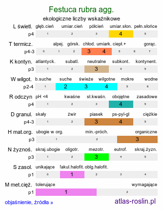 ekologiczne liczby wskaźnikowe Festuca rubra agg. (kostrzewa czerwona agg.)