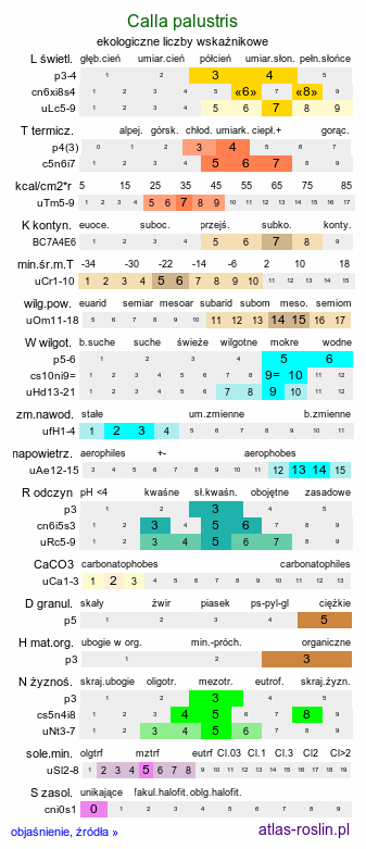 ekologiczne liczby wskaźnikowe Calla palustris (czermień błotna)