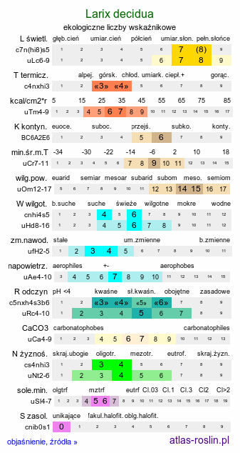 ekologiczne liczby wskaźnikowe Larix decidua (modrzew europejski)