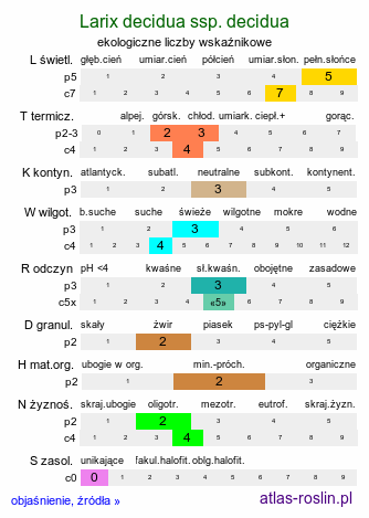 ekologiczne liczby wskaźnikowe Larix decidua ssp. decidua (modrzew europejski typowy)