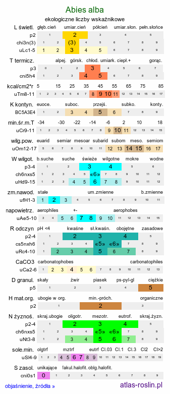 ekologiczne liczby wskaźnikowe Abies alba (jodła pospolita)