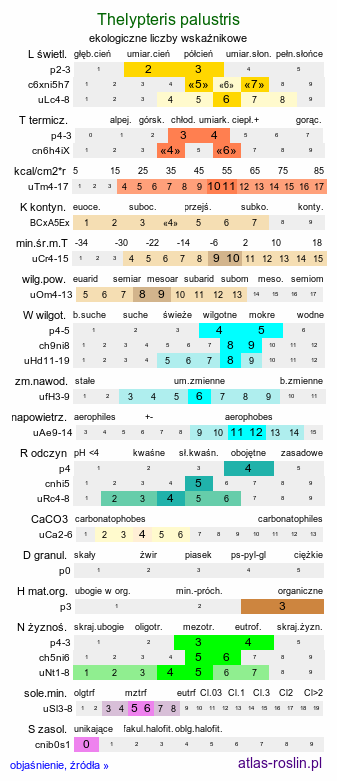 ekologiczne liczby wskaźnikowe Thelypteris palustris (zachylnik błotny)