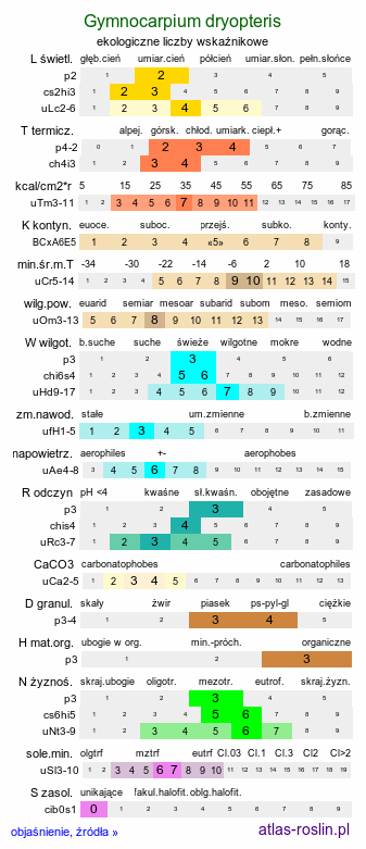 ekologiczne liczby wskaźnikowe Gymnocarpium dryopteris (cienistka trójkątna)