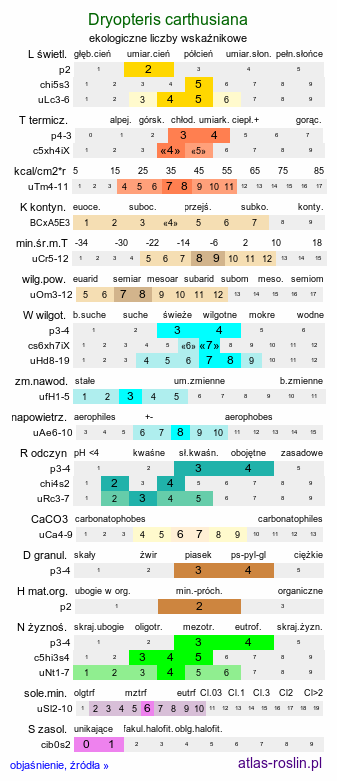 ekologiczne liczby wskaźnikowe Dryopteris carthusiana (nerecznica krótkoostna)