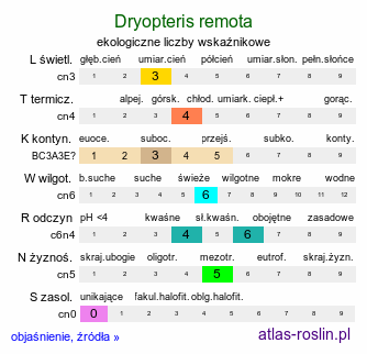 ekologiczne liczby wskaźnikowe Dryopteris remota (nerecznica pośrednia)