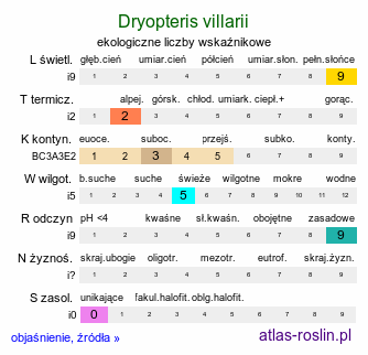 ekologiczne liczby wskaźnikowe Dryopteris villarii (nerecznica Villara)