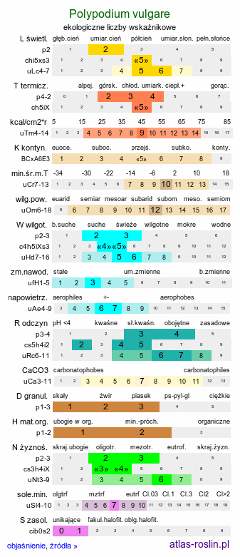 ekologiczne liczby wskaźnikowe Polypodium vulgare (paprotka zwyczajna (s.l.))