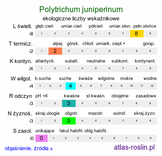 ekologiczne liczby wskaźnikowe Polytrichum juniperinum (płonnik jałowcowaty)