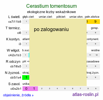 ekologiczne liczby wskaźnikowe Cerastium tomentosum (rogownica kutnerowata)