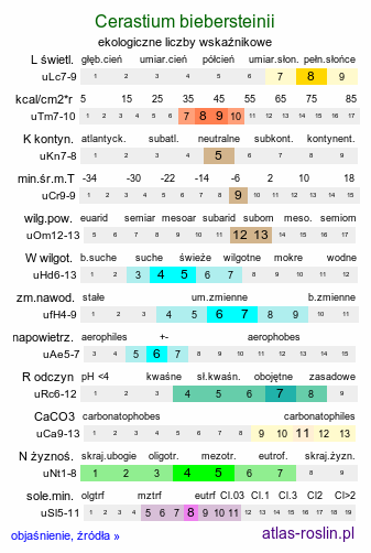 ekologiczne liczby wskaźnikowe Cerastium biebersteinii (rogownica Biebersteina)