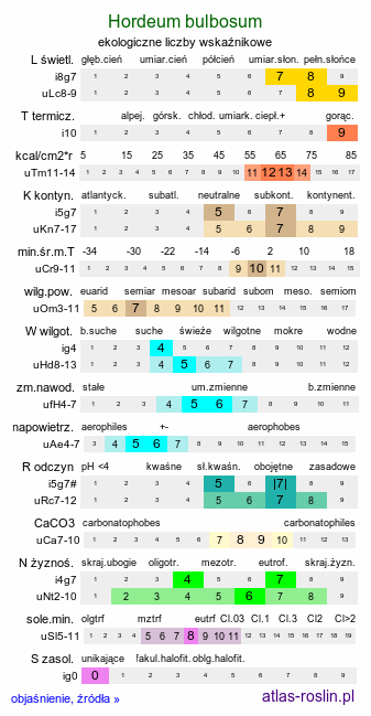 ekologiczne liczby wskaźnikowe Hordeum bulbosum (jęczmień bulwiasty)