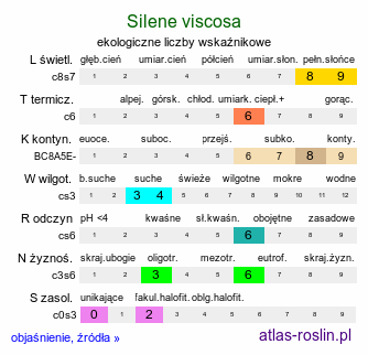 ekologiczne liczby wskaźnikowe Silene viscosa (lepnica lepka)