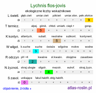 ekologiczne liczby wskaźnikowe Lychnis flos-jovis (firletka Jowisza)