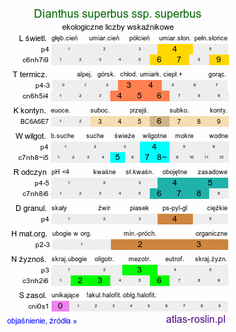 ekologiczne liczby wskaźnikowe Dianthus superbus ssp. superbus (goździk pyszny)