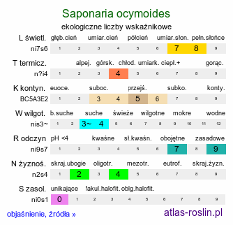 ekologiczne liczby wskaźnikowe Saponaria ocymoides (mydlnica bazyliowata)