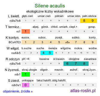 ekologiczne liczby wskaźnikowe Silene acaulis (lepnica bezłodygowa)