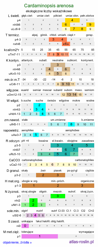 ekologiczne liczby wskaźnikowe Cardaminopsis arenosa (rzeżusznik piaskowy)