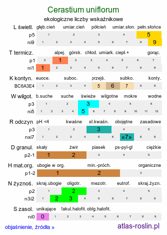 ekologiczne liczby wskaźnikowe Cerastium uniflorum (rogownica jednokwiatowa)