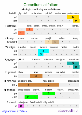 ekologiczne liczby wskaźnikowe Cerastium latifolium (rogownica szerokolistna)